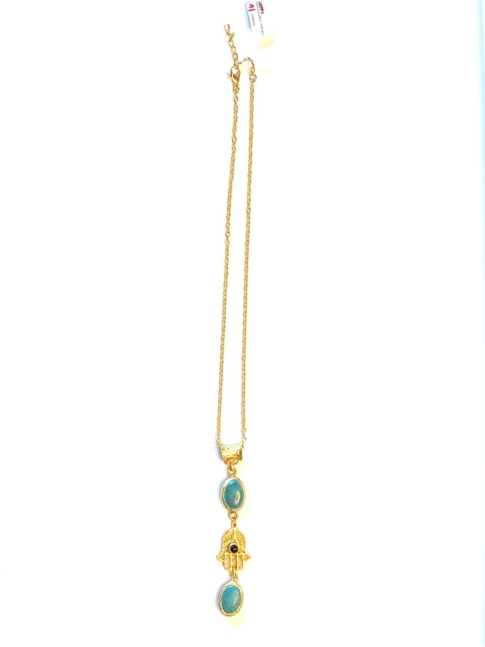 Gold Hamsa Pendant Necklace with Teal Accents - Women Jewelry